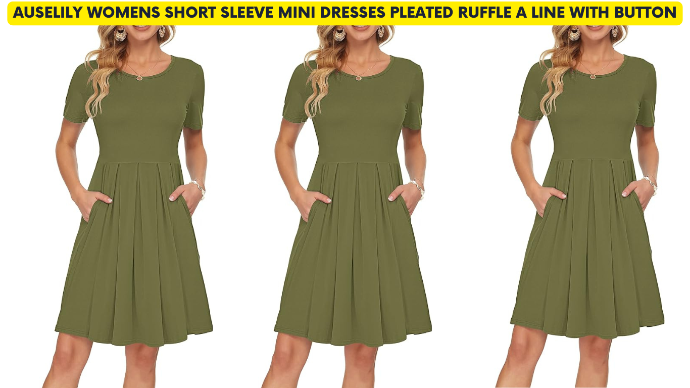 AUSELILY Womens Short Sleeve Mini Dresses Pleated Ruffle A Line with Button