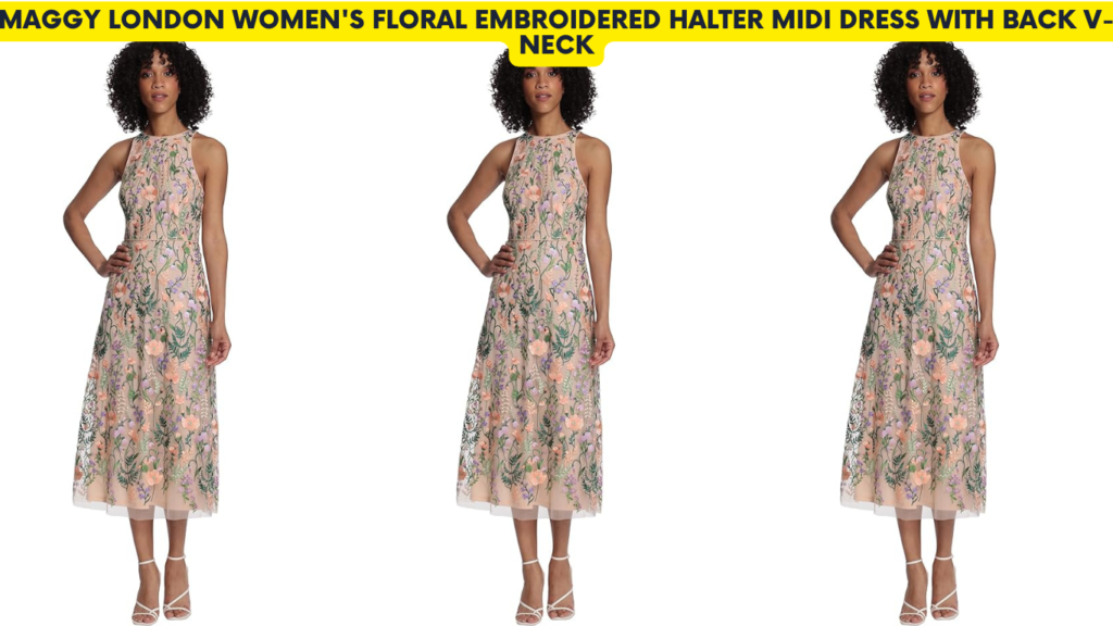 Maggy London Women's Floral Embroidered Halter Midi Dress with Back V-Neck